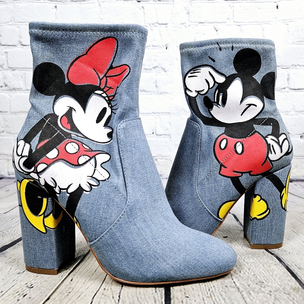 ALDO x DISNEY | Step In Magic Mickey Minnie Mouse painted denim heeled boots
